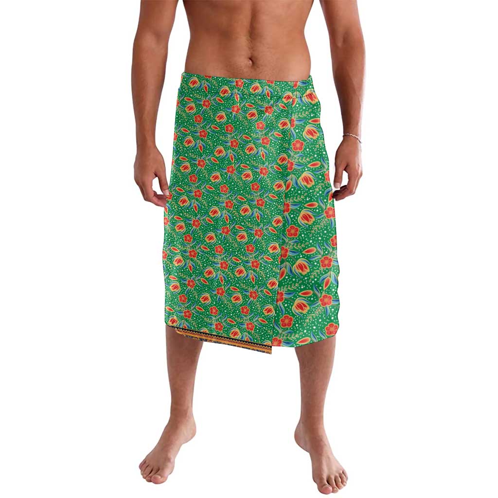 Traditional Malaysian Batik Floral Lavalava with Green Tulip and Red Blossom Pattern