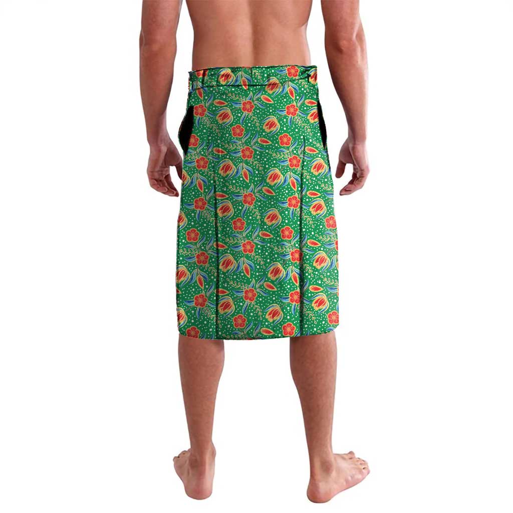 Traditional Malaysian Batik Floral Lavalava with Green Tulip and Red Blossom Pattern