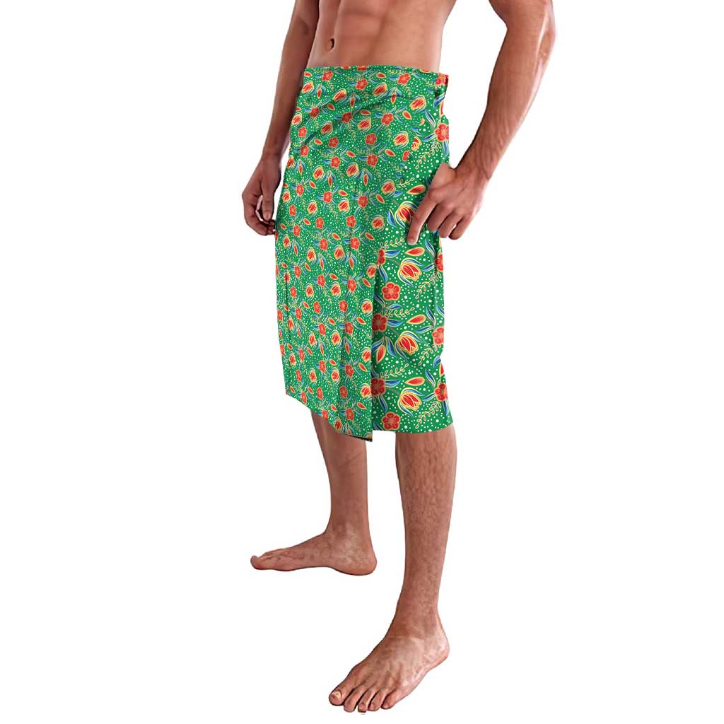 Traditional Malaysian Batik Floral Lavalava with Green Tulip and Red Blossom Pattern
