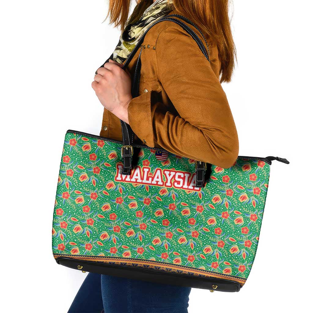 Traditional Malaysian Batik Floral Leather Tote Bag with Green Tulip and Red Blossom Pattern