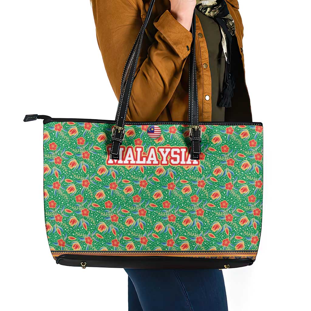 Traditional Malaysian Batik Floral Leather Tote Bag with Green Tulip and Red Blossom Pattern