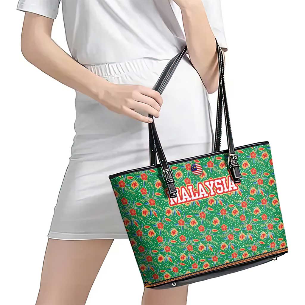 Traditional Malaysian Batik Floral Leather Tote Bag with Green Tulip and Red Blossom Pattern