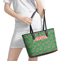 Traditional Malaysian Batik Floral Leather Tote Bag with Green Tulip and Red Blossom Pattern