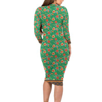 Traditional Malaysian Batik Floral Long Sleeve Bodycon Dress with Green Tulip and Red Blossom Pattern