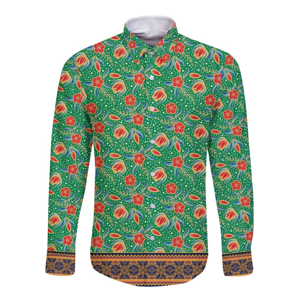 Traditional Malaysian Batik Floral Long Sleeve Button Shirt with Green Tulip and Red Blossom Pattern