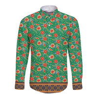 Traditional Malaysian Batik Floral Long Sleeve Button Shirt with Green Tulip and Red Blossom Pattern