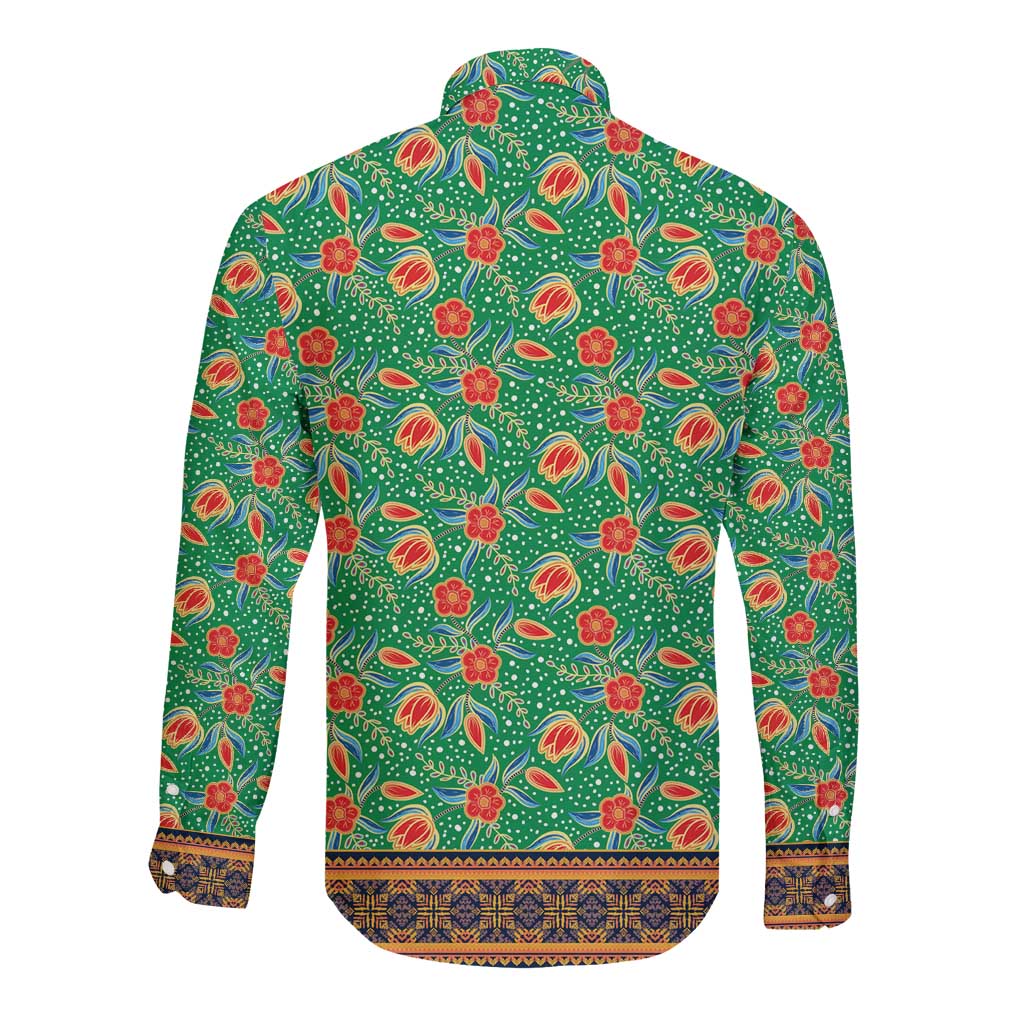 Traditional Malaysian Batik Floral Long Sleeve Button Shirt with Green Tulip and Red Blossom Pattern