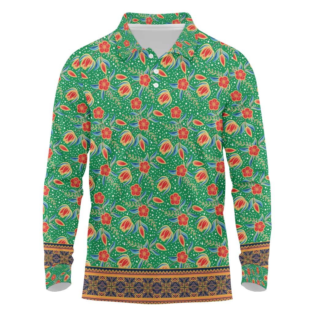 Traditional Malaysian Batik Floral Long Sleeve Polo Shirt with Green Tulip and Red Blossom Pattern