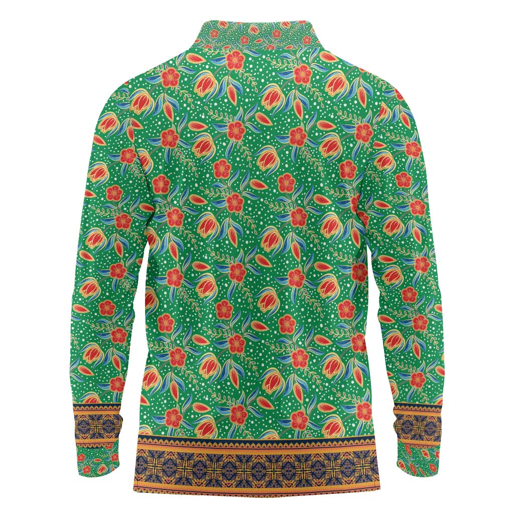 Traditional Malaysian Batik Floral Long Sleeve Polo Shirt with Green Tulip and Red Blossom Pattern