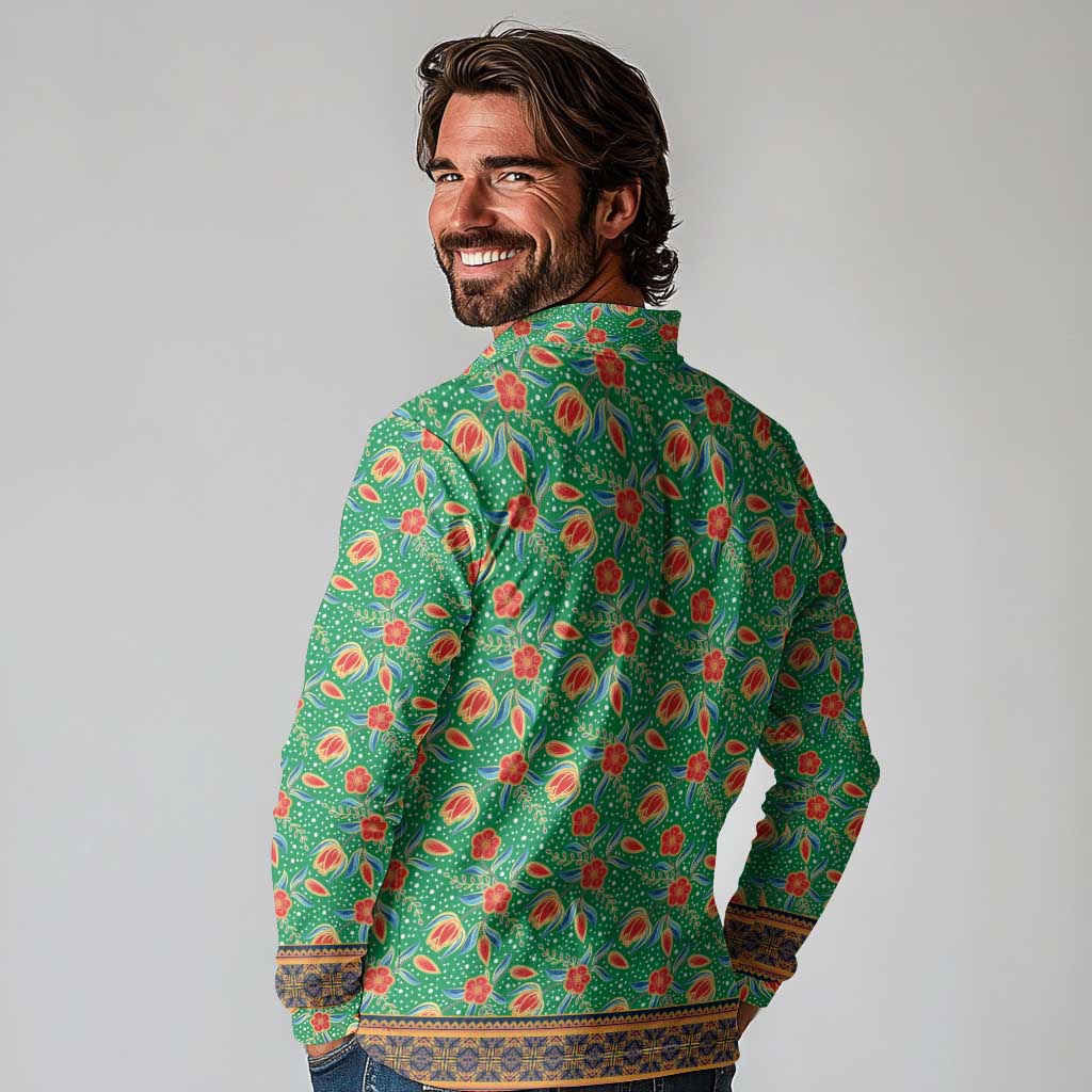 Traditional Malaysian Batik Floral Long Sleeve Polo Shirt with Green Tulip and Red Blossom Pattern