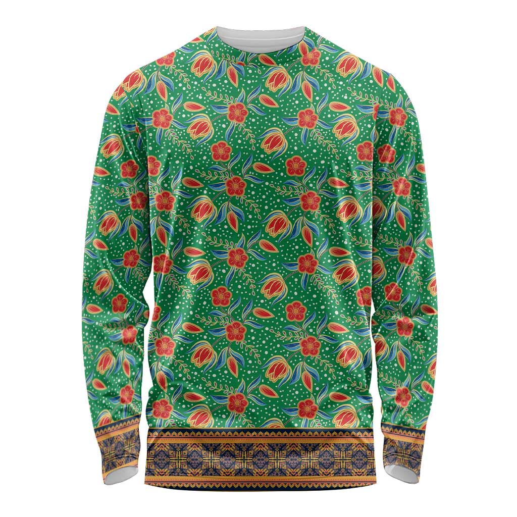 Traditional Malaysian Batik Floral Long Sleeve Shirt with Green Tulip and Red Blossom Pattern