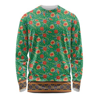 Traditional Malaysian Batik Floral Long Sleeve Shirt with Green Tulip and Red Blossom Pattern
