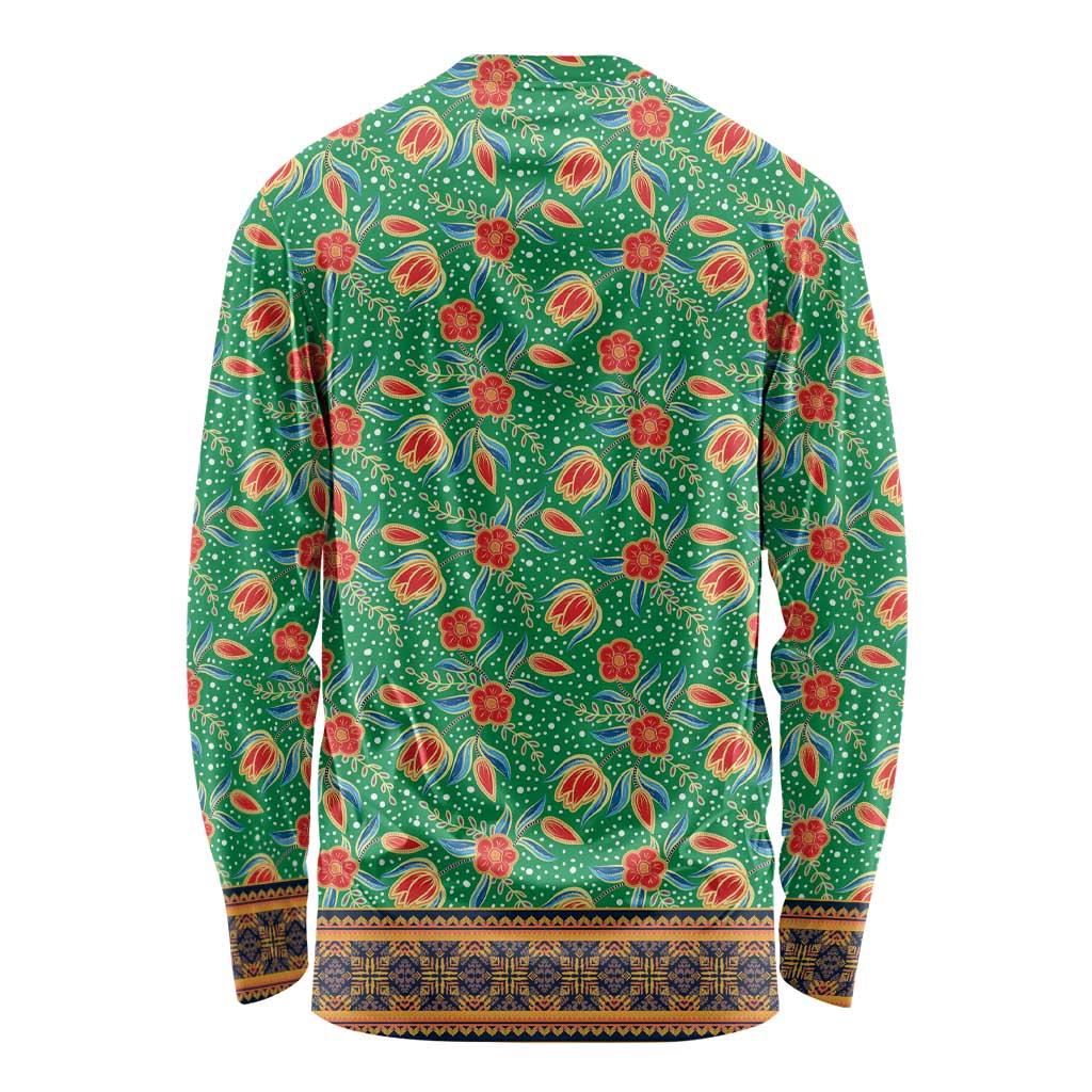 Traditional Malaysian Batik Floral Long Sleeve Shirt with Green Tulip and Red Blossom Pattern