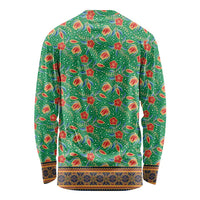 Traditional Malaysian Batik Floral Long Sleeve Shirt with Green Tulip and Red Blossom Pattern