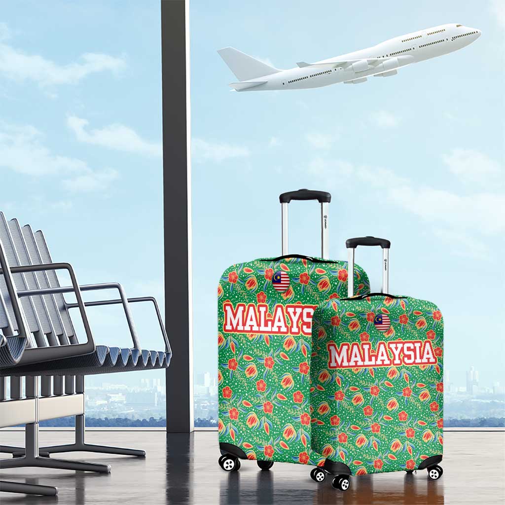 Traditional Malaysian Batik Floral Luggage Cover with Green Tulip and Red Blossom Pattern