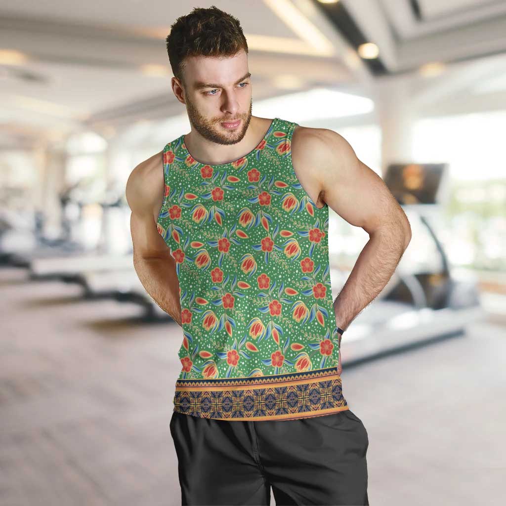 Traditional Malaysian Batik Floral Men Tank Top with Green Tulip and Red Blossom Pattern