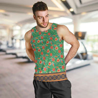 Traditional Malaysian Batik Floral Men Tank Top with Green Tulip and Red Blossom Pattern