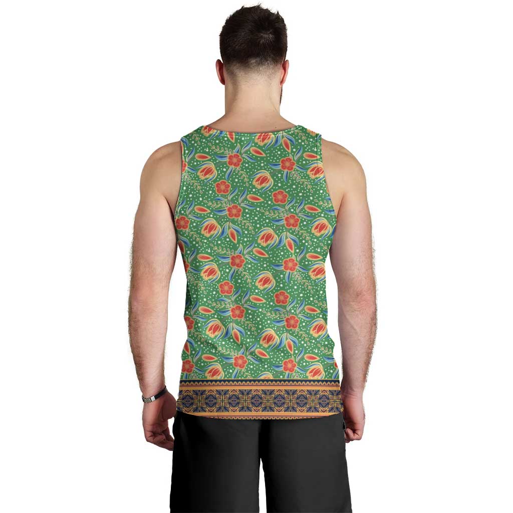 Traditional Malaysian Batik Floral Men Tank Top with Green Tulip and Red Blossom Pattern