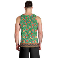 Traditional Malaysian Batik Floral Men Tank Top with Green Tulip and Red Blossom Pattern
