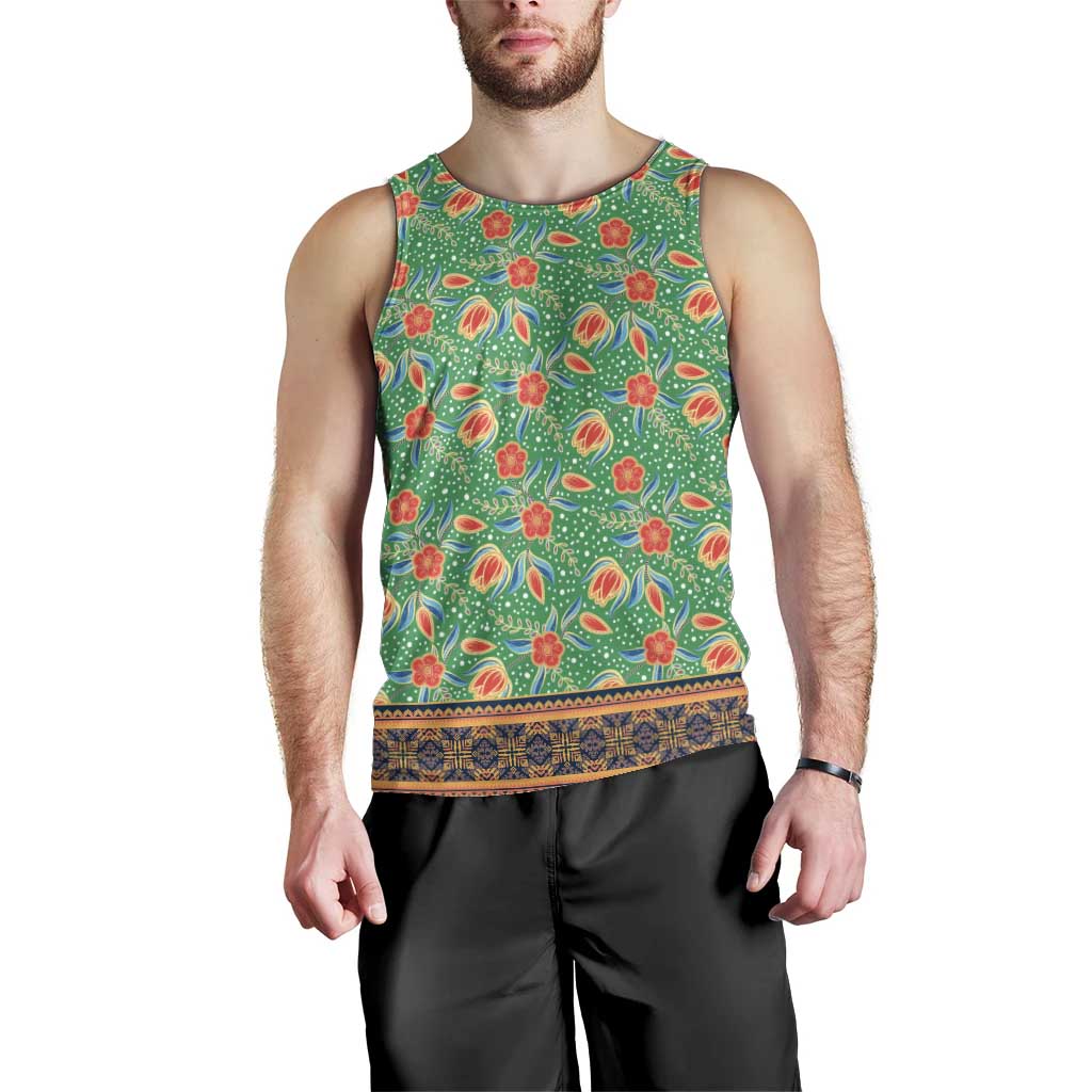 Traditional Malaysian Batik Floral Men Tank Top with Green Tulip and Red Blossom Pattern