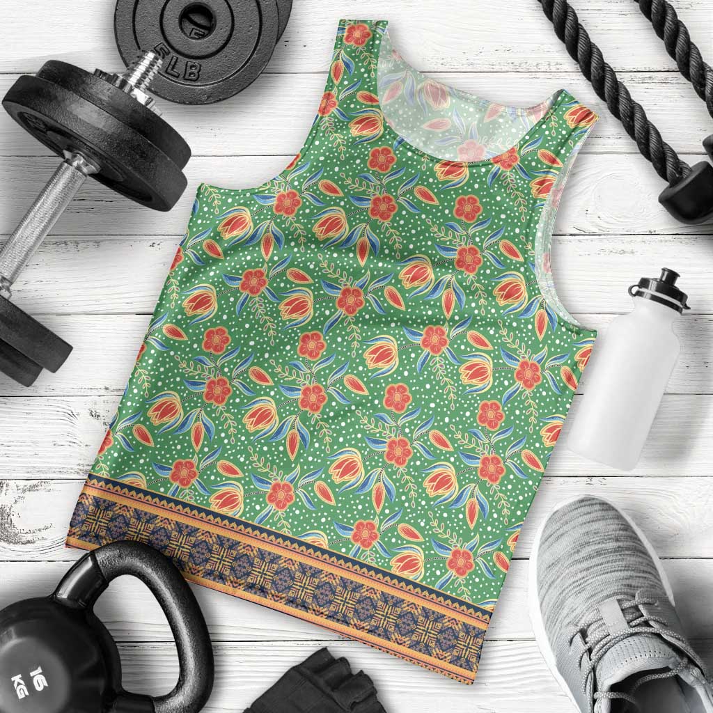 Traditional Malaysian Batik Floral Men Tank Top with Green Tulip and Red Blossom Pattern