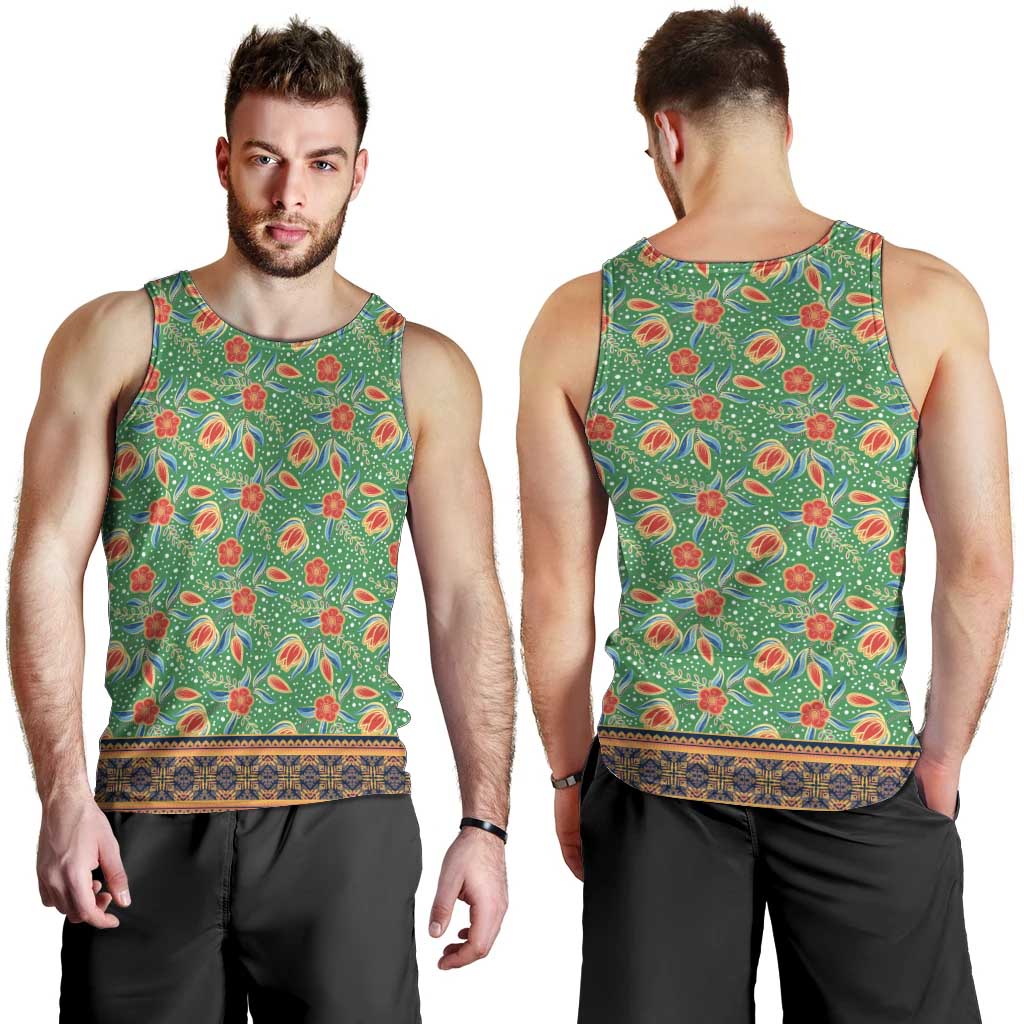 Traditional Malaysian Batik Floral Men Tank Top with Green Tulip and Red Blossom Pattern