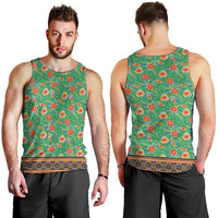 Traditional Malaysian Batik Floral Men Tank Top with Green Tulip and Red Blossom Pattern