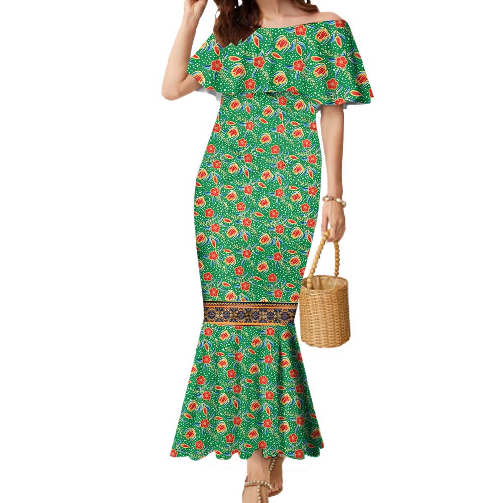 Traditional Malaysian Batik Floral Mermaid Dress with Green Tulip and Red Blossom Pattern