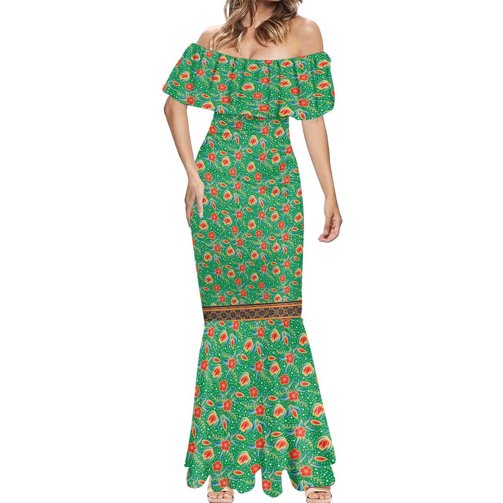Traditional Malaysian Batik Floral Mermaid Dress with Green Tulip and Red Blossom Pattern