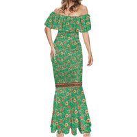 Traditional Malaysian Batik Floral Mermaid Dress with Green Tulip and Red Blossom Pattern