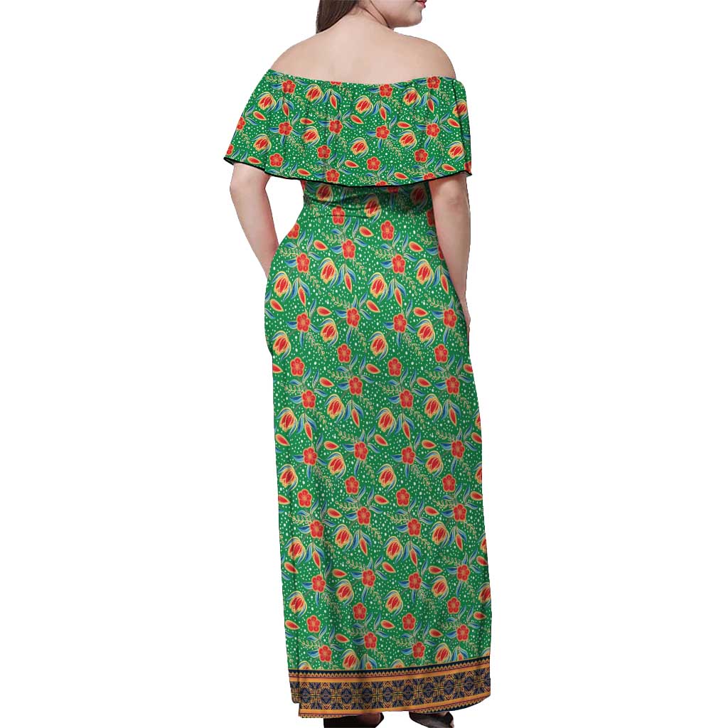 Traditional Malaysian Batik Floral Off Shoulder Maxi Dress with Green Tulip and Red Blossom Pattern