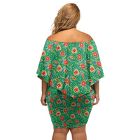 Traditional Malaysian Batik Floral Off Shoulder Short Dress with Green Tulip and Red Blossom Pattern