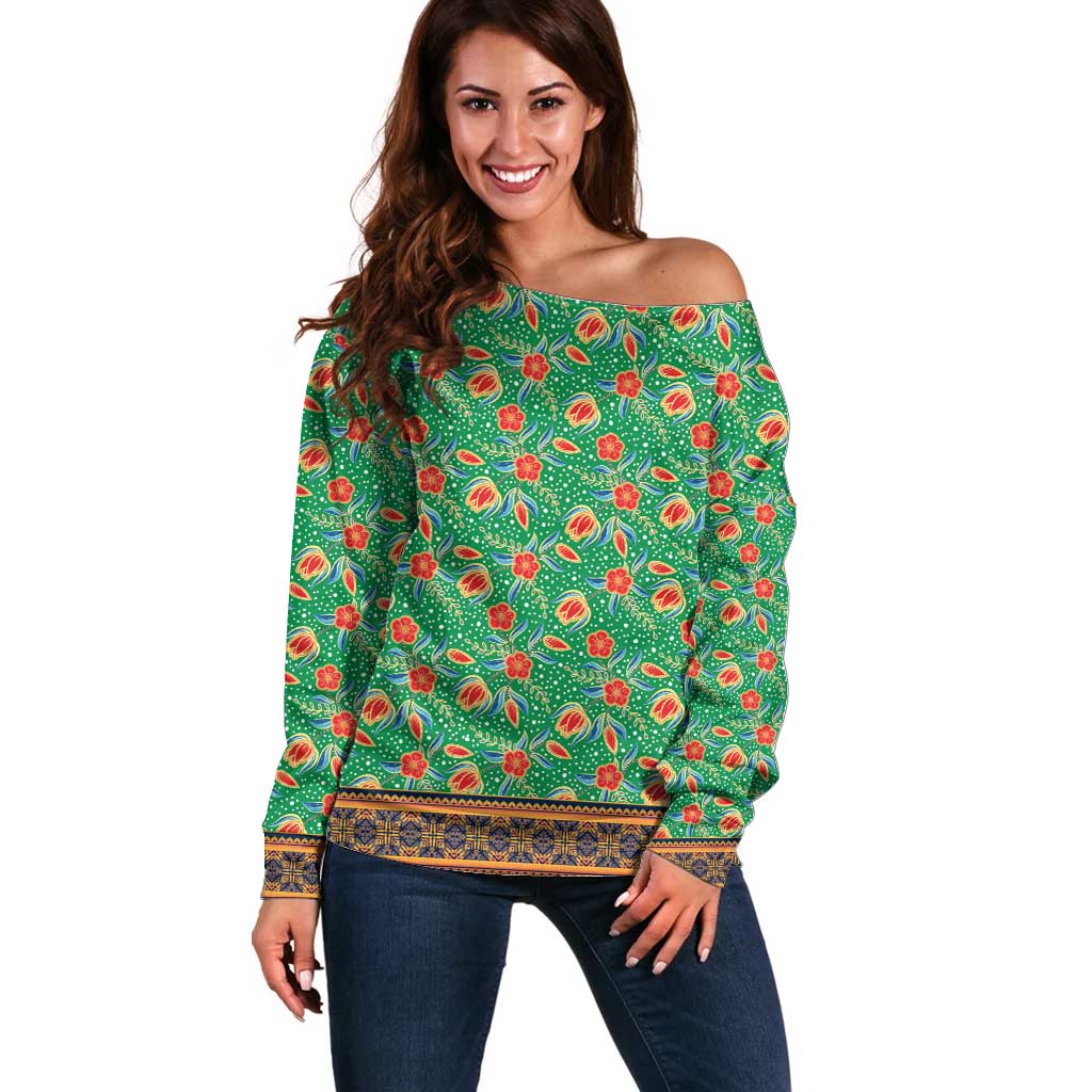 Traditional Malaysian Batik Floral Off Shoulder Sweater with Green Tulip and Red Blossom Pattern
