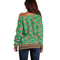 Traditional Malaysian Batik Floral Off Shoulder Sweater with Green Tulip and Red Blossom Pattern