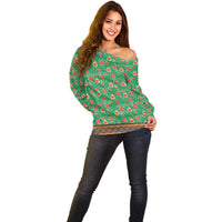 Traditional Malaysian Batik Floral Off Shoulder Sweater with Green Tulip and Red Blossom Pattern