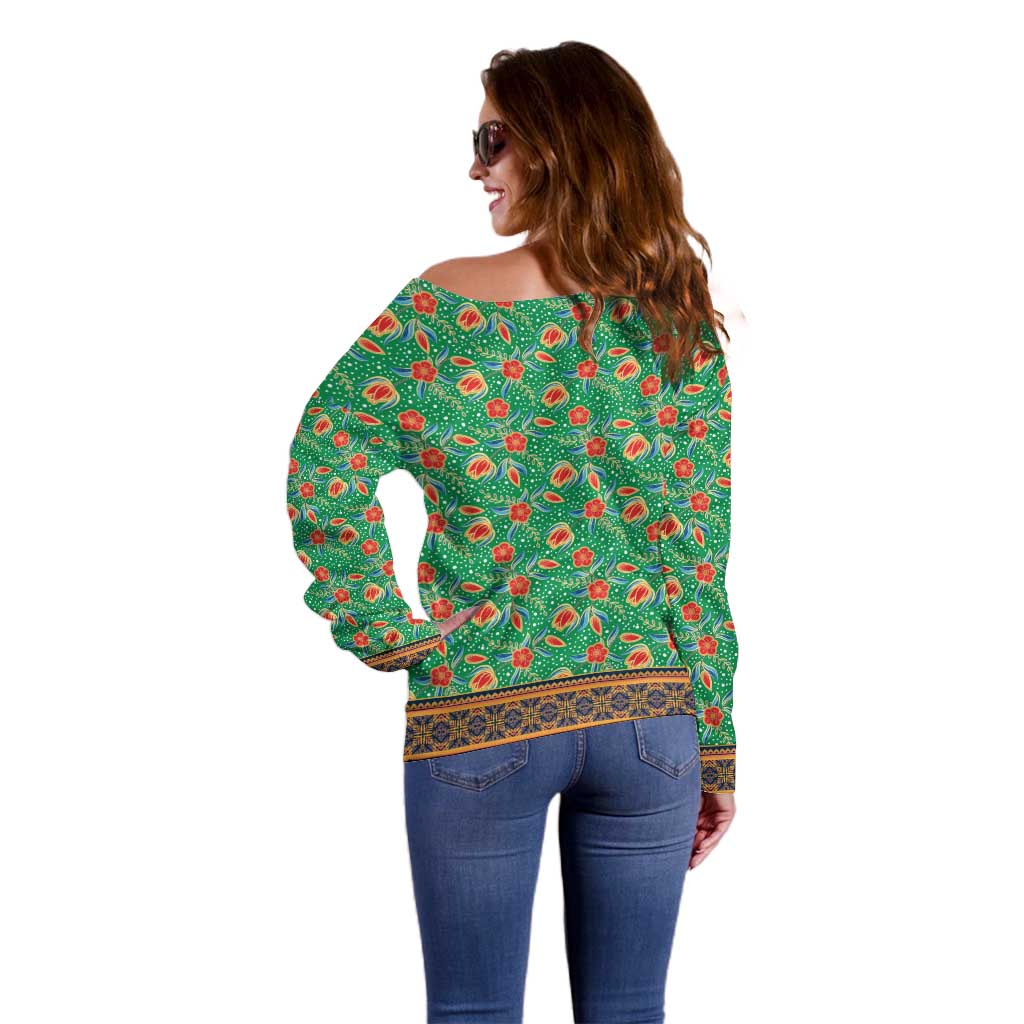 Traditional Malaysian Batik Floral Off Shoulder Sweater with Green Tulip and Red Blossom Pattern