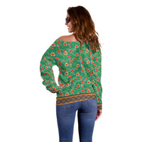 Traditional Malaysian Batik Floral Off Shoulder Sweater with Green Tulip and Red Blossom Pattern