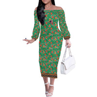 Traditional Malaysian Batik Floral Off The Shoulder Long Sleeve Dress with Green Tulip and Red Blossom Pattern