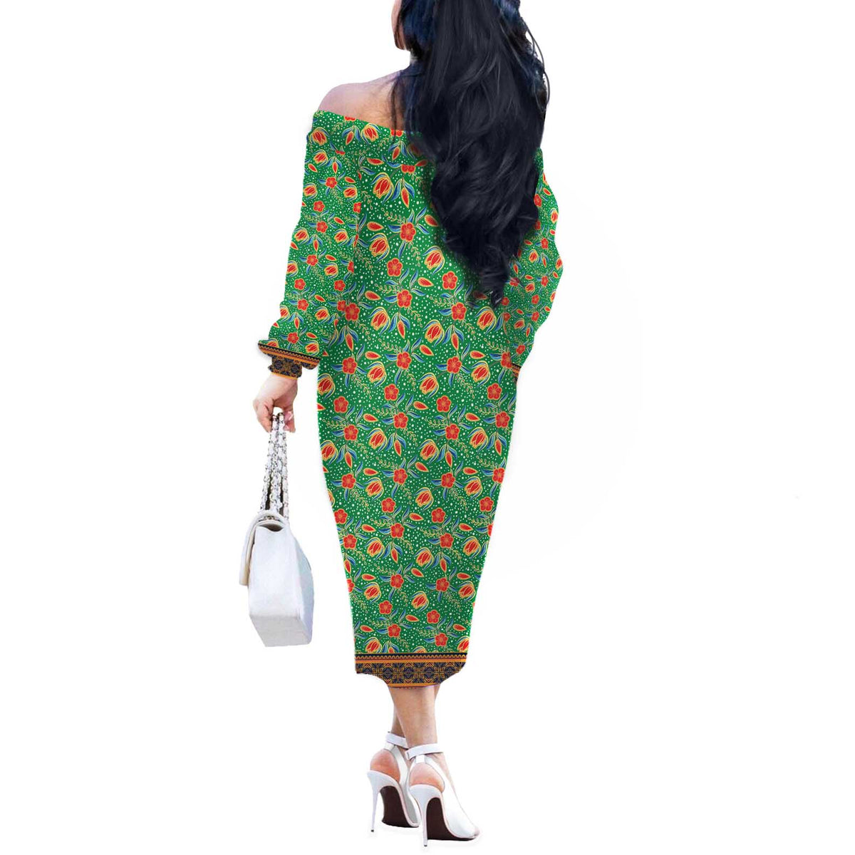 Traditional Malaysian Batik Floral Off The Shoulder Long Sleeve Dress with Green Tulip and Red Blossom Pattern