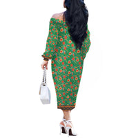 Traditional Malaysian Batik Floral Off The Shoulder Long Sleeve Dress with Green Tulip and Red Blossom Pattern