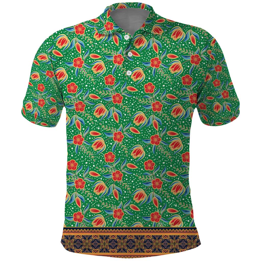 Traditional Malaysian Batik Floral Polo Shirt with Green Tulip and Red Blossom Pattern
