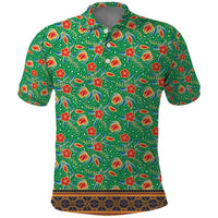 Traditional Malaysian Batik Floral Polo Shirt with Green Tulip and Red Blossom Pattern