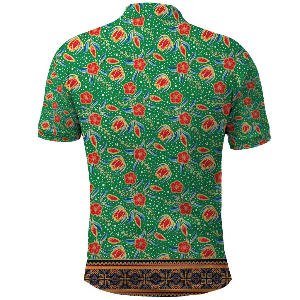 Traditional Malaysian Batik Floral Polo Shirt with Green Tulip and Red Blossom Pattern