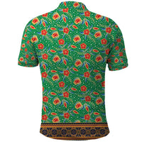 Traditional Malaysian Batik Floral Polo Shirt with Green Tulip and Red Blossom Pattern