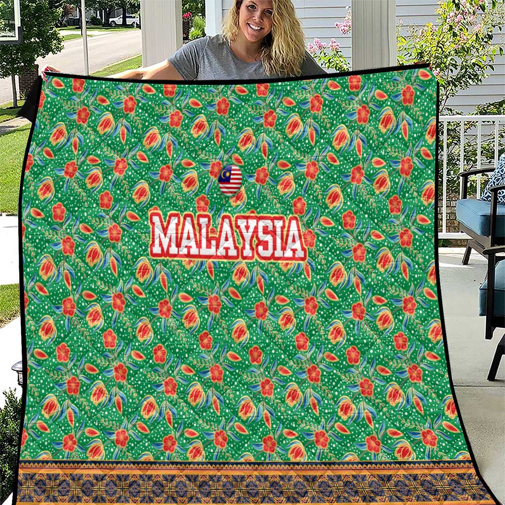 Traditional Malaysian Batik Floral Quilt with Green Tulip and Red Blossom Pattern