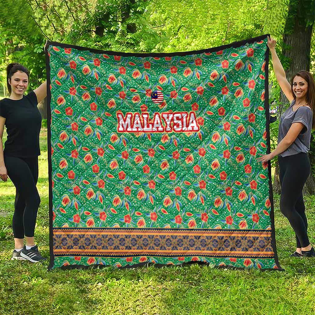 Traditional Malaysian Batik Floral Quilt with Green Tulip and Red Blossom Pattern