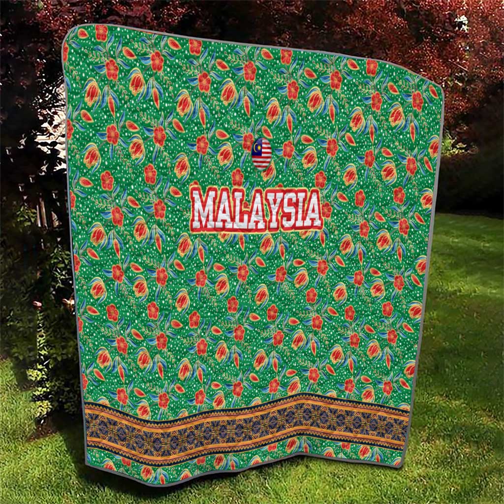 Traditional Malaysian Batik Floral Quilt with Green Tulip and Red Blossom Pattern