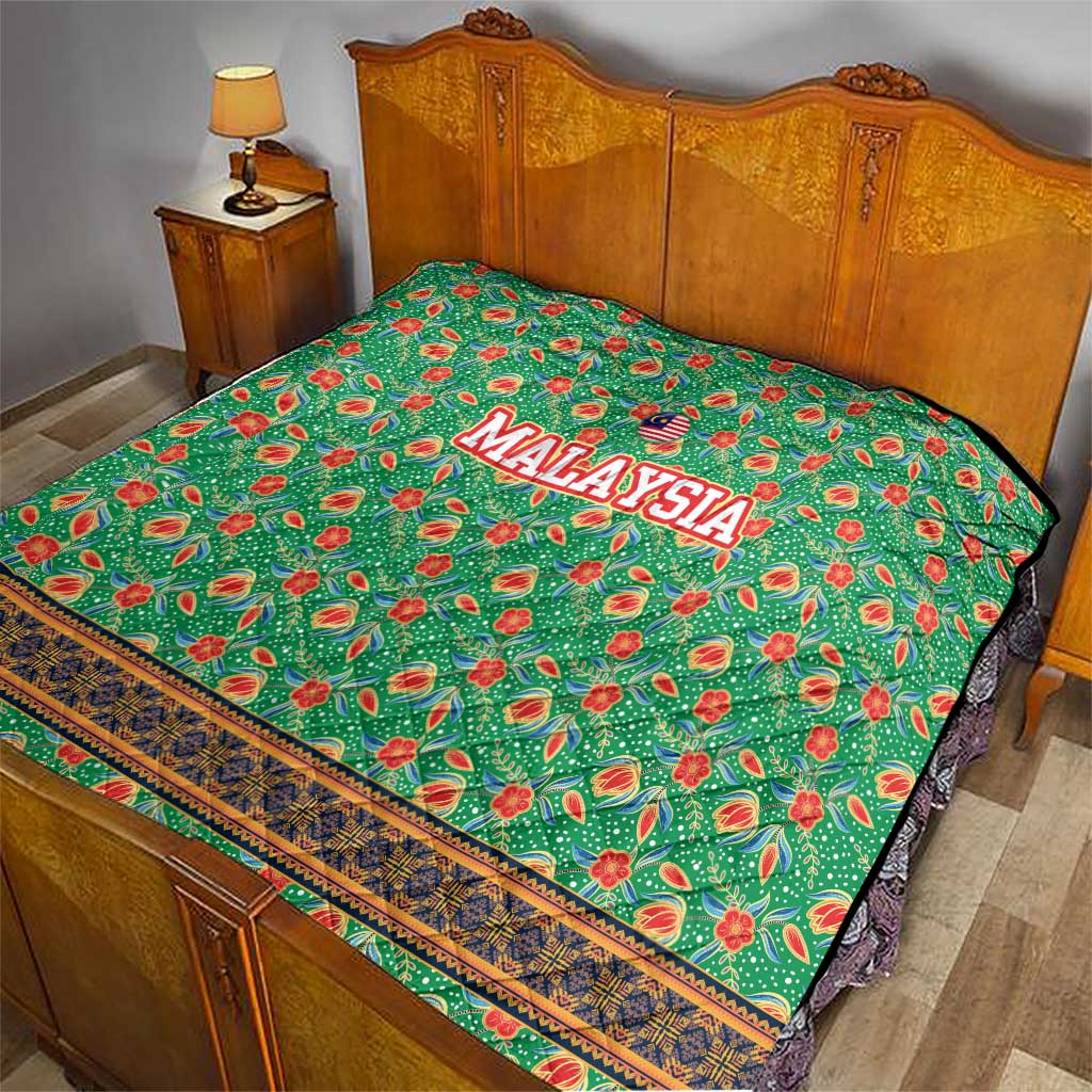 Traditional Malaysian Batik Floral Quilt with Green Tulip and Red Blossom Pattern