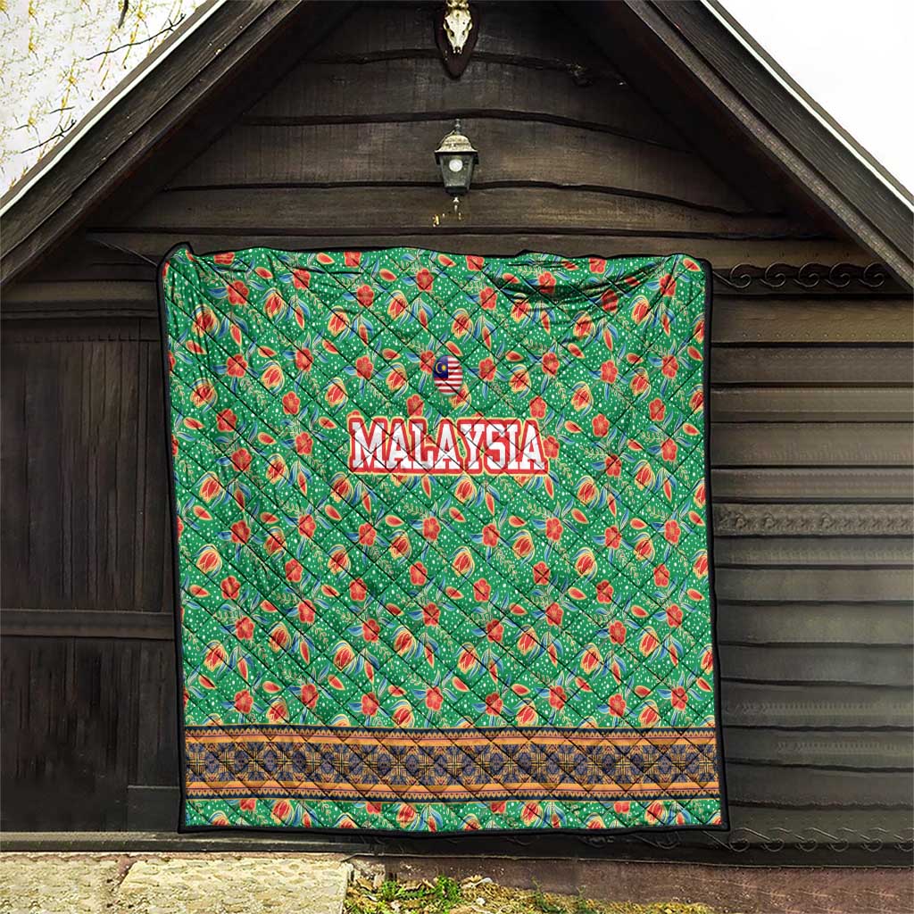 Traditional Malaysian Batik Floral Quilt with Green Tulip and Red Blossom Pattern