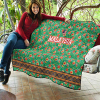 Traditional Malaysian Batik Floral Quilt with Green Tulip and Red Blossom Pattern